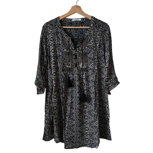Mango Suit Collection Dress Womens M Beige Black Tunic Beaded Tassels - Picture 1 of 7